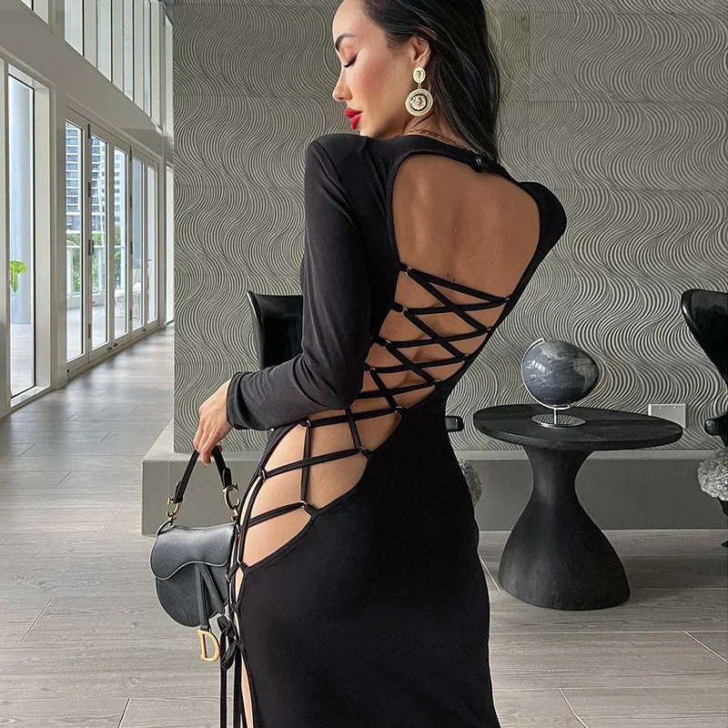 SKMY Black Dress Evening Party Clubwear Autumn New Open Back Lace-Up Hollow Out Split Long Sleeve Dresses For Women 2024