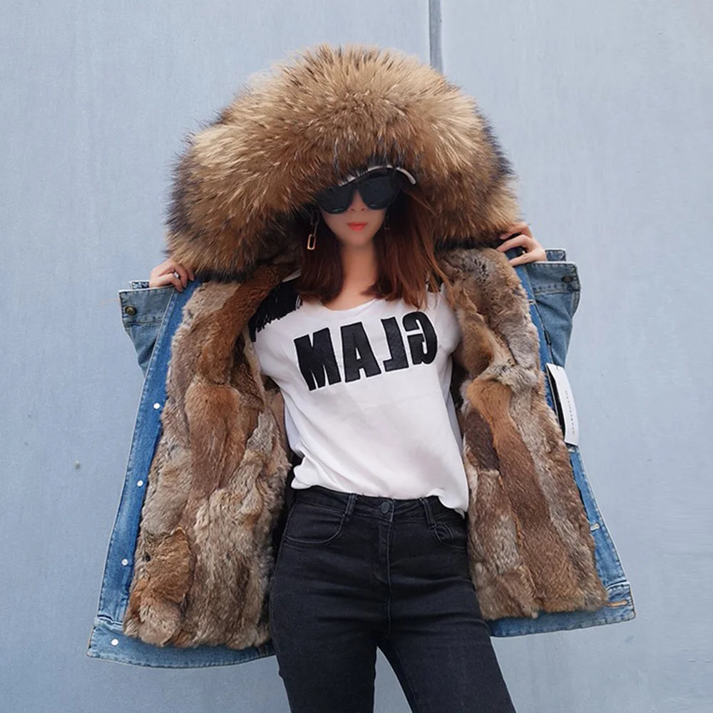 2020 new ripped denim pie overcoming rabbit fur