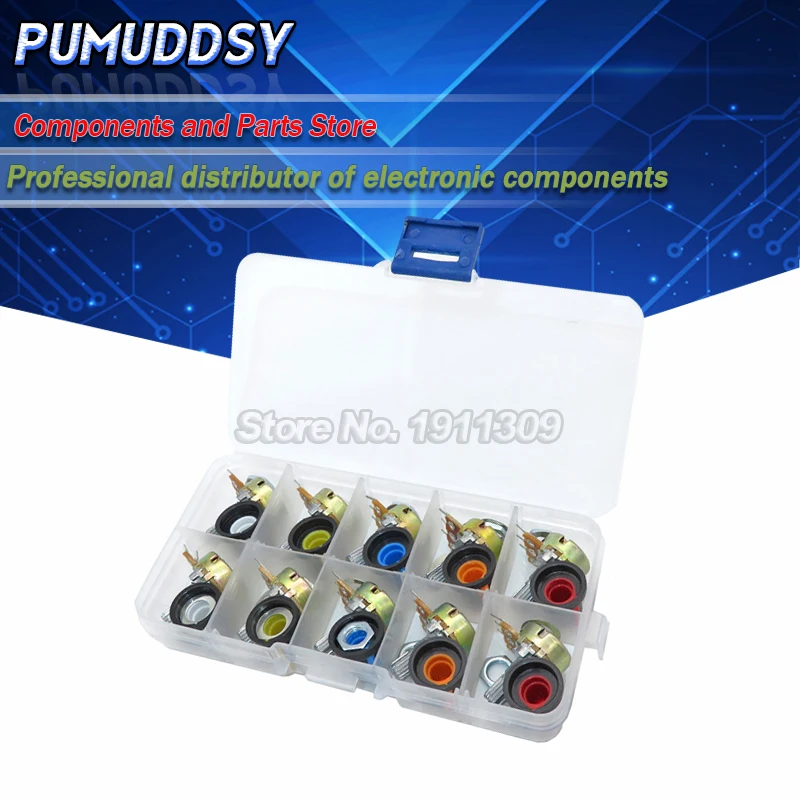 Комплект потенциометров WH148 B1K B2K B5K B10K B20K B50K B100K B250K ohm 3PIN 15 мм ручка AG2 15x17 Желтый
