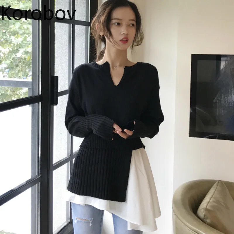 Korobov Autumn Winter New Irregular Women Sweaters Korean Long Sleeve Hit Color Patchwork Sueter Mujer Slim Knit Pullover 79170 | Женская