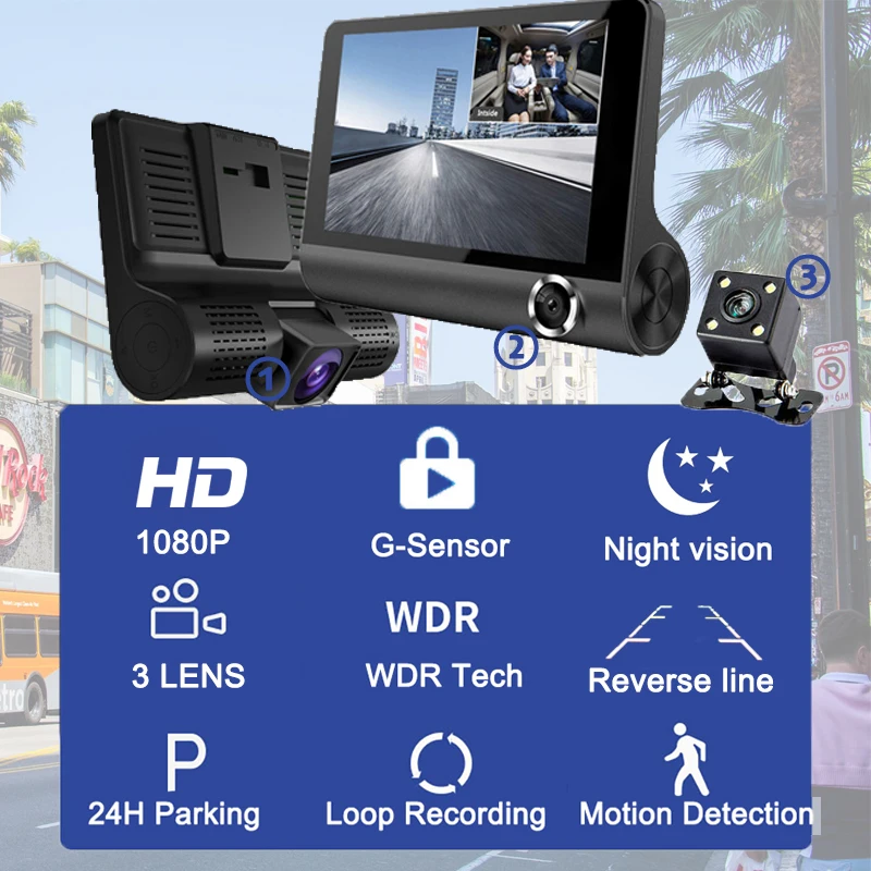 Online Dash Cam 4,0 pulgadas 3 Cámara 3 vías lente coche DVR Video grabadora HD doble lente DVR con cámara de visión trasera coche Auto registrador Dvrs