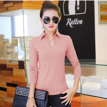 

Slim V-neck Polo Shirt Women Long Sleeve Solid Casual Lapel Shirts Girl Cotton Plus Size Bottomshirt White Black Pink Tops Woman