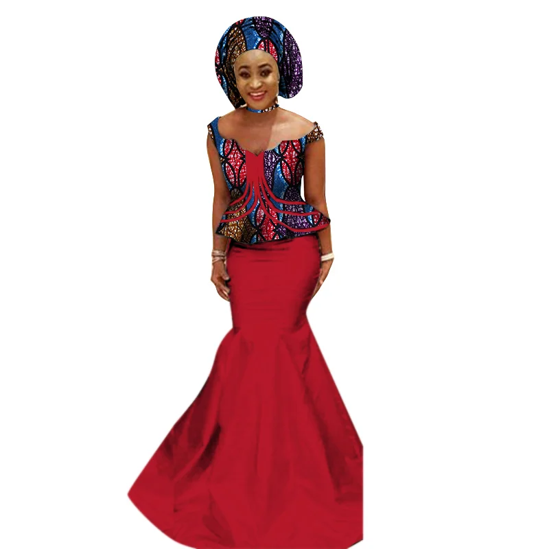Модные африканские женские костюмы Базен Riche размера плюс с принтом 2 шт. комплект с юбкой традиционная африканская одежда для девочек WY1167