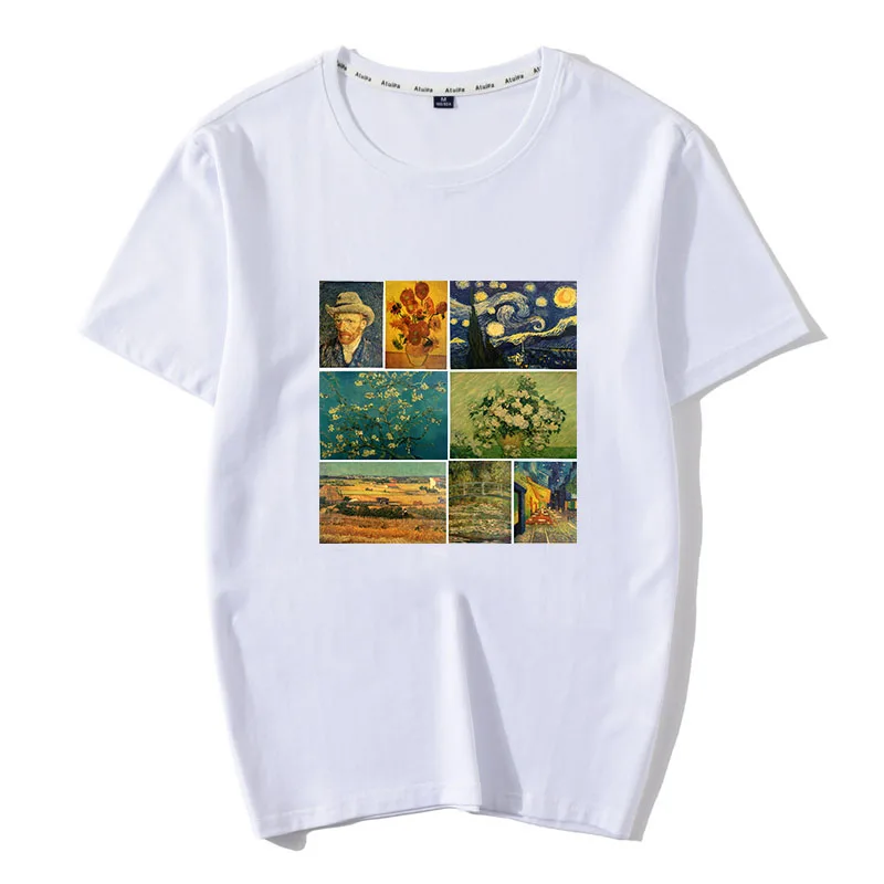 

Kpop Fashion 100% Cotton Men T shirt Van Gogh Art Oil Paint Printed Harajuku Men Tshirt Michelangelo Ulzzang Vintage Top Tees