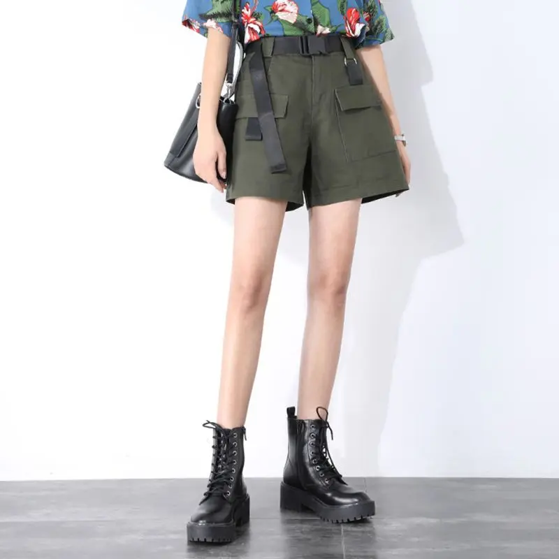 Women Summer High Waist Mini Cargo Shorts Quick Release Buckle Belt Casual Wide Leg Loose Shorts With Pockets Hip Hop Streetwear