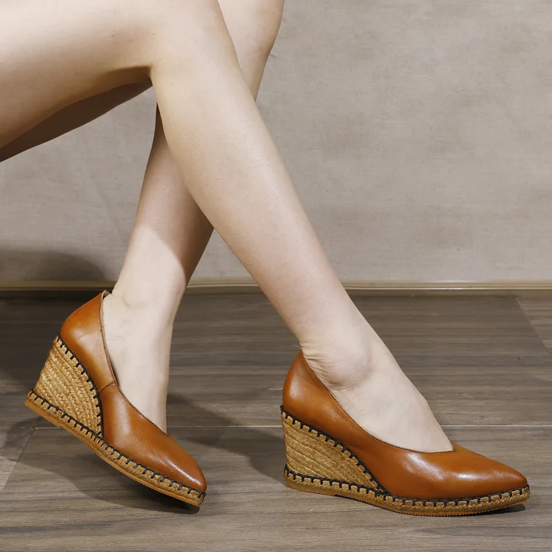 

Artdiya Original Spring 2020 New Woven Wedge Heels Women Shoes Genuine Leather Pointed Toe Retro Personality High Heels Shoes