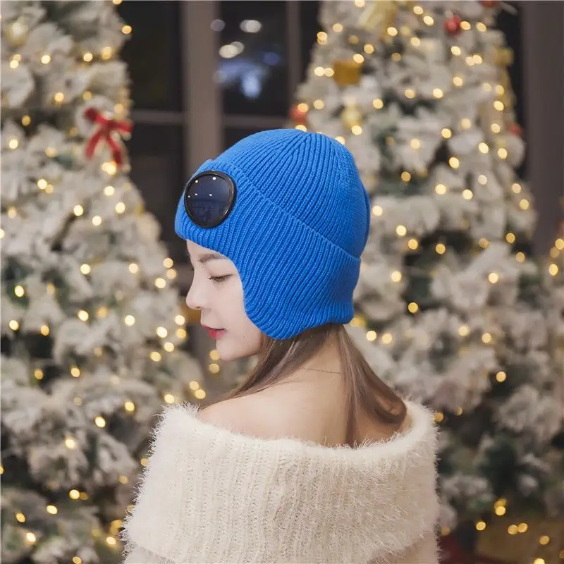 Женская шапка s ветрозащитные очки шляпа шерсть зимняя мода Gorros шапка фиксация штабелирование вязаные шапки Женская индивидуальная Лыжная шапка - Цвет: Синий