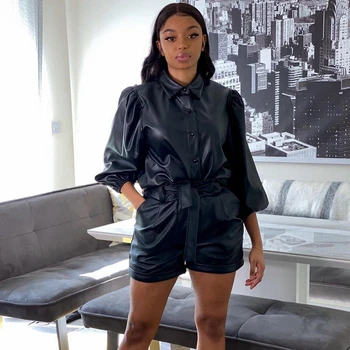 

PU Leather Casual 2 Piece Set Women Festival Clothing Two Piece Set Top and Shorts Sexy Club Outfits Fall Matching Women Sets