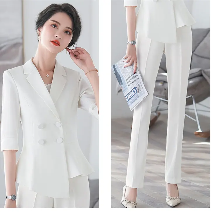 Female Black White Red Skirts Suits 2020 Two Pieces Set 1/2 Sleeve Irregular Blazer Jacket with Skirt Plus Size Ol Korean Suite