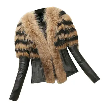 

Autumn and winter imitation raccoon wool sheep skin simulation leather leather faux fur coat Ladies' short slimming jacket