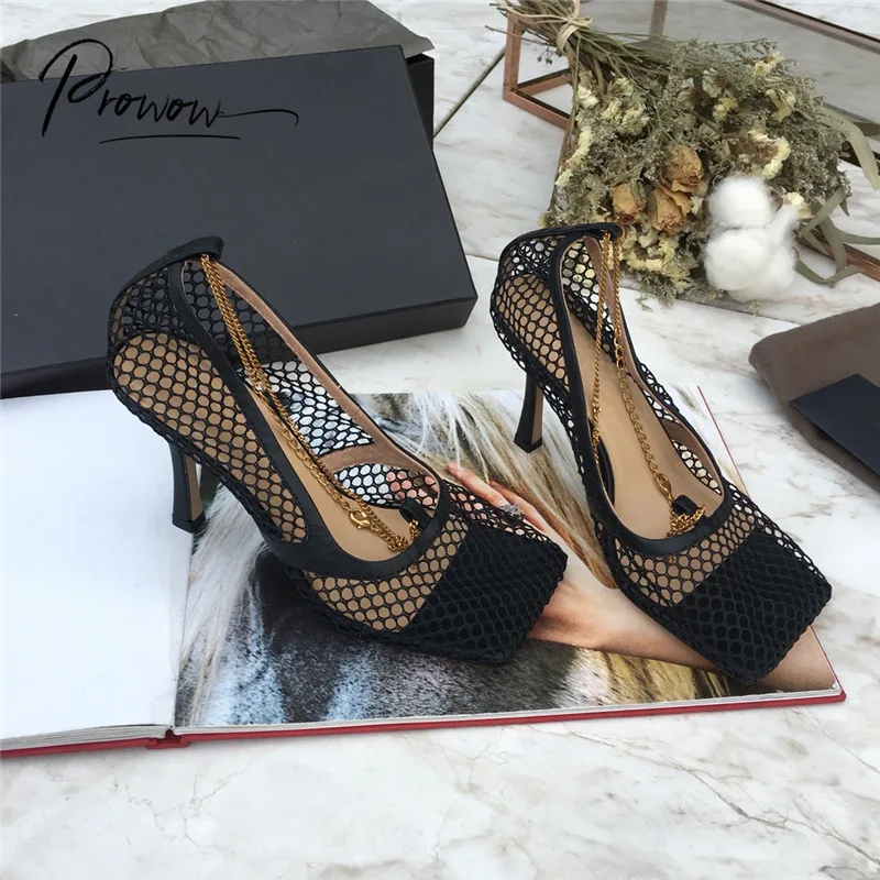 

Prowow Fashion Sexy Air Mesh Metal Chain Women Pumps Sexy Square Toe Thin High Heels Ladies Party Wedding Pumps Shoes Women
