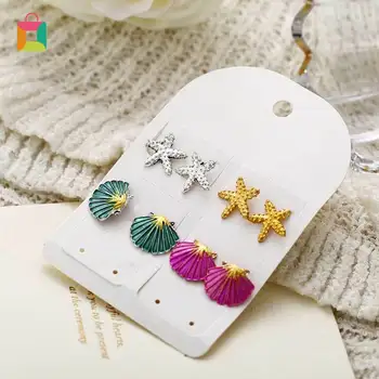 

4 pairs/set of assorted Boho studs colorful mixed color shell starfish beach jewelry earrings Glittery