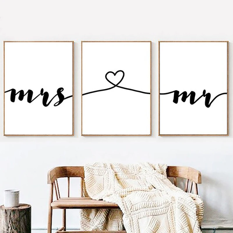 Скандинавский Mr Mrs Love принты на холсте плакат Черно-Белая настенная живопись