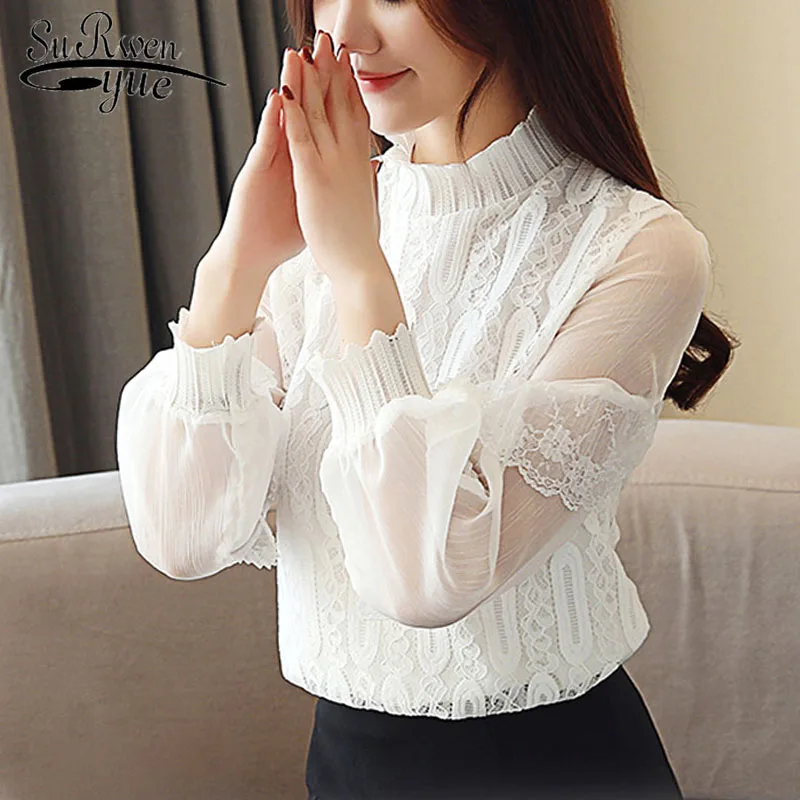 

Blusas mujer de moda 2019 womens tops and blouses ladies tops Patchwork Stand Puff Sleeve chiffon blouse Lace Full white 1871 50