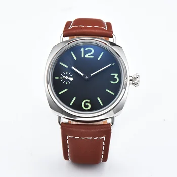 

bomax marina men's watch 45mm clock sport black dial white leather engraving military mechanical hand wheel P58-6