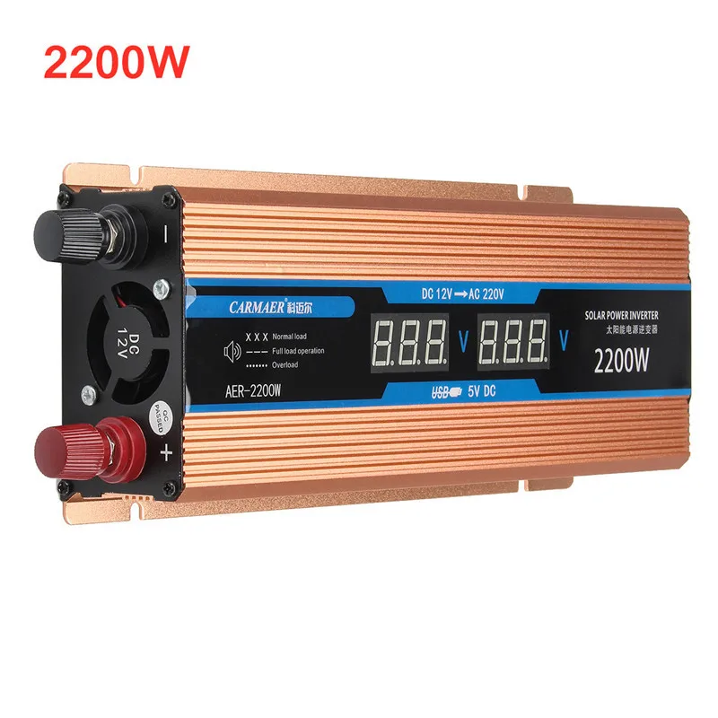 2200W Инвертор 500/1200/2200 Вт AC/DC 12 V/AC 220V Напряжение трансформатор с немодулированным синусоидальным сигналом Мощность инвертор умная двойная ЖК-дисплей дисплей автомобиля Мощность - Цвет: 2200W