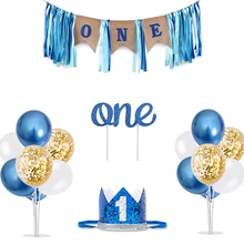 

12 Inch Ballons with Table Stand Sticks High Chair Burlap Banner Crown and Cake Topper for Kids 1st Birthday Party Decorations