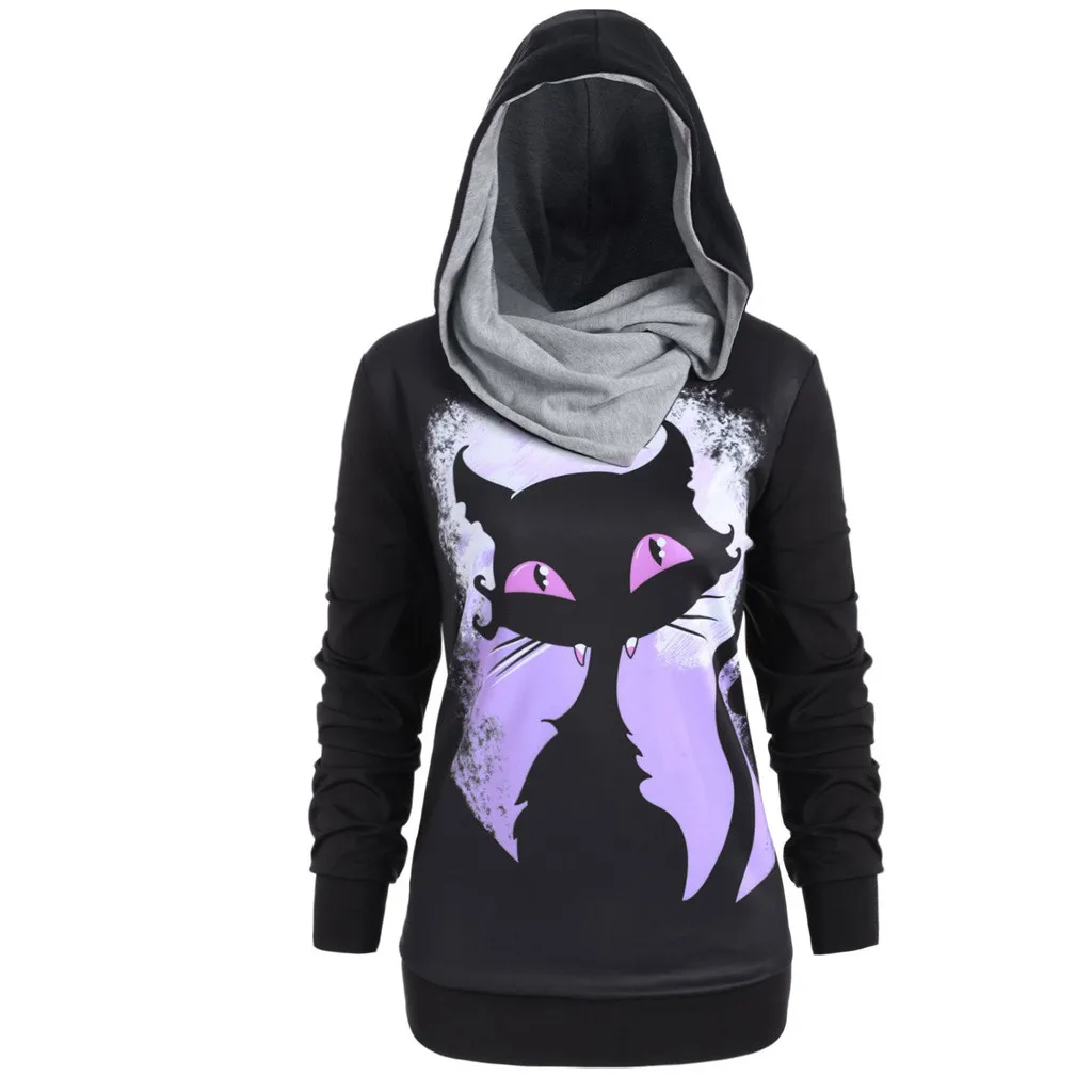 

Sweatshirt Hoodies Women Halloween Witch cap turtleneck Cat 3D Print Convertible pullovers Hoodie Casual Tops Size Plus sudadera
