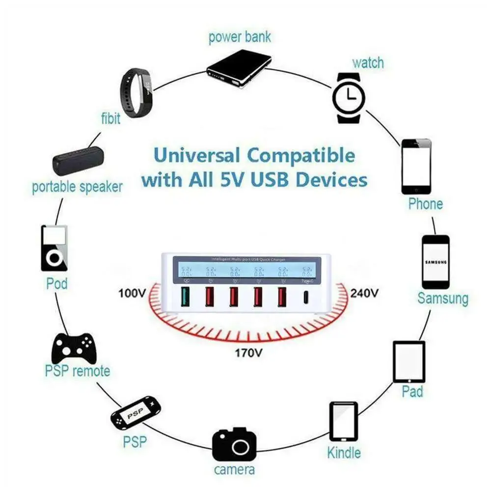 USB зарядное устройство портативное мульти Быстрая зарядка QC 3,0 Смарт 5 портов USB разъем быстрое зарядное устройство с ЖК-дисплеем для смартфона мобильного телефона