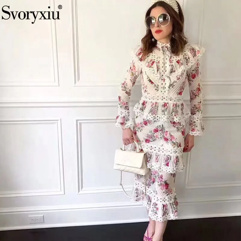 

Svoryxiu Runway Designer Autumn Elegant Two Piece Set Women's Lace Embroidery Flower Print Sexy Party Mermaid Skirt Suit