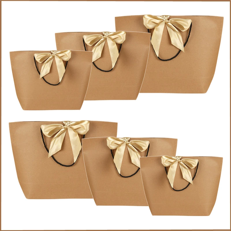 

10pcs Present Paper Wedding Gift Bag Decorations Recyclable Pouch Party Favor DIY With Handles Birthday Bow Ribbon