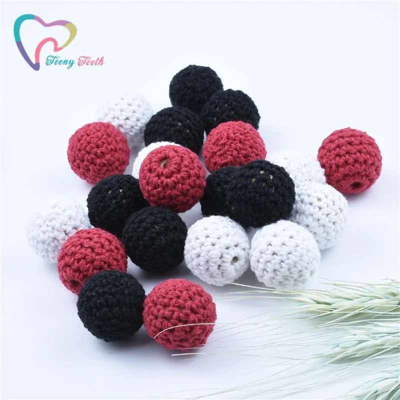 

50 PCS 16-20MM Wooden Crochet Ball Beads Round Crochet Baby Teething DIY Necklace Red & Black & White Mixed Crochet Loose Beads