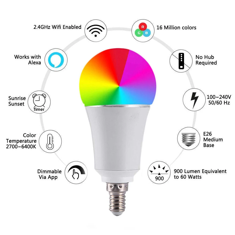 Умный светодиодный светильник E14 WiFi 60 Вт аналог разноцветный Диммируемый RGB пульт