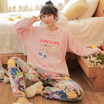 

XIZOU Winter Women's Pajamas Pajama Set Home Wear Long Sleeve Cartoon Pijama Set Sleepwear Women Pyjamas Thick warm Nightwear