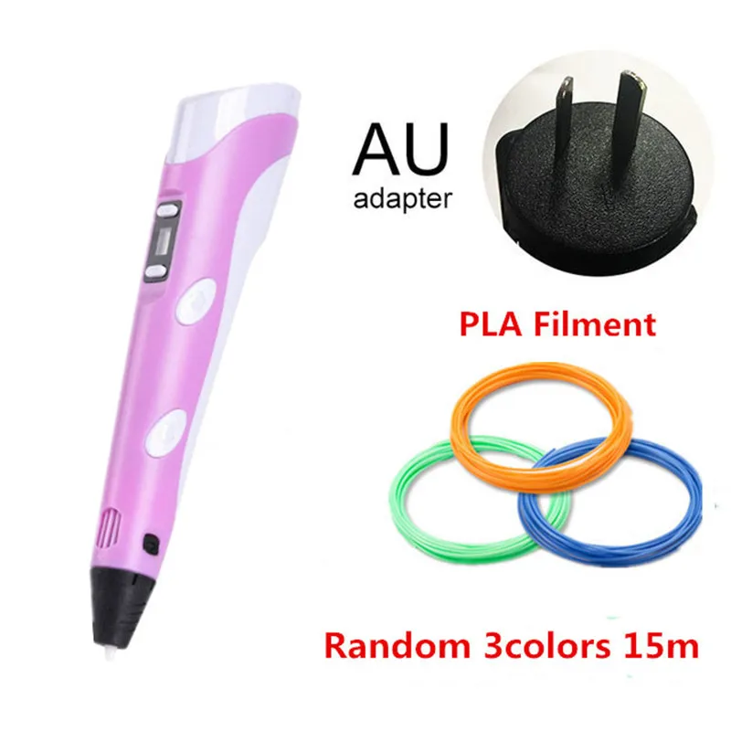 AU PINK 15M 3D ручка, ручка для 3d-печати, светодиодный дисплей, 3D ручки с 20 цветами, PLA ABS нити, зарядка через usb, 3D Ручка, набор для детей и взрослых, подарок - Цвет: AU PINK 15M
