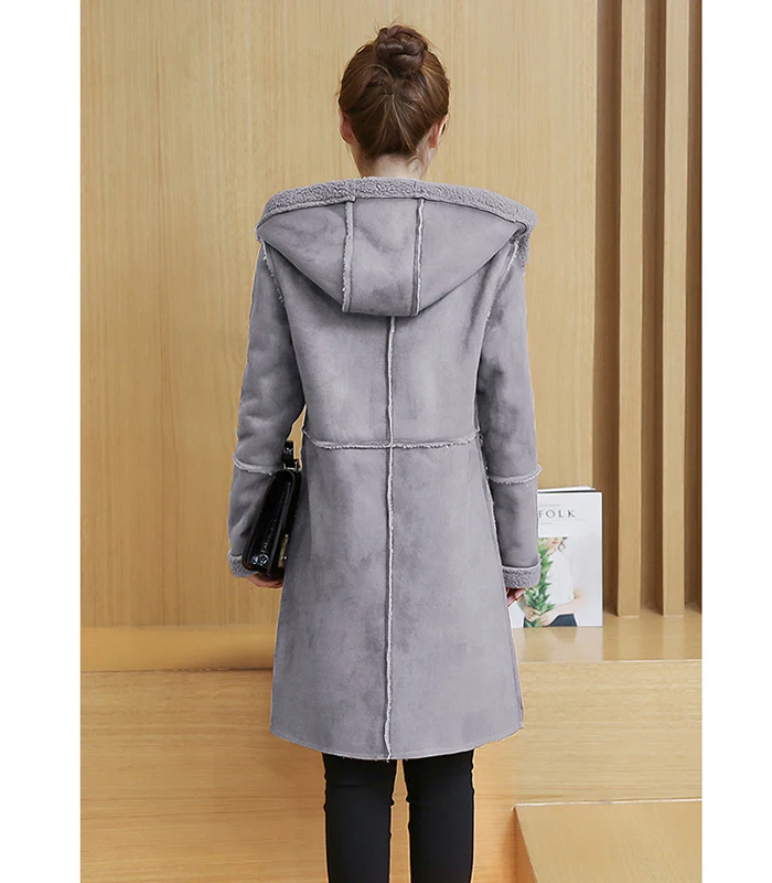 Осеннее Женское зимнее пальто из искусственной замши женское корейское модное плотное овечье шерстяное длинное пальто однотонные теплые пальто с капюшоном