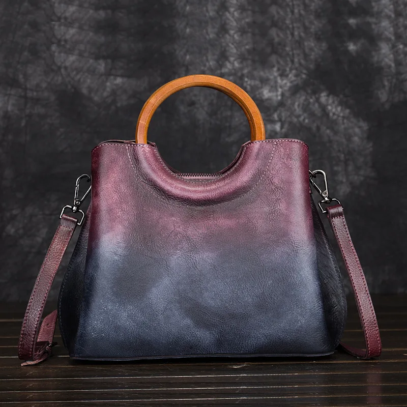 

Stylish Romantic Gradient Color Handbag Round Handle Female Bucket Bag Real Leather Shoulder Bag