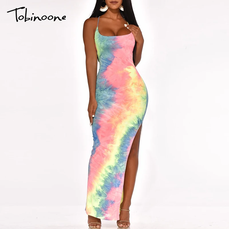 

Tobinoone Women Dress Tie dye boho print bodycon sheath dress Sleeveless Sexy Club Bandage lace-up backless Sexy Split vestidos