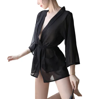 

Kimono Short Bathrobe Nightwear Sexy Chiffon Night Dress For Women V-Neck Babydoll See-through