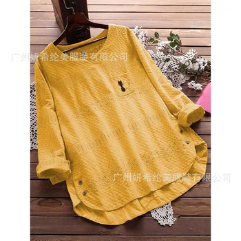 

Autumn New Style Ethnic-Style Crew Neck Long Sleeve Stitched Pattern Embroidered Tops Cotton Linen Kitten Embroidered T-shirt