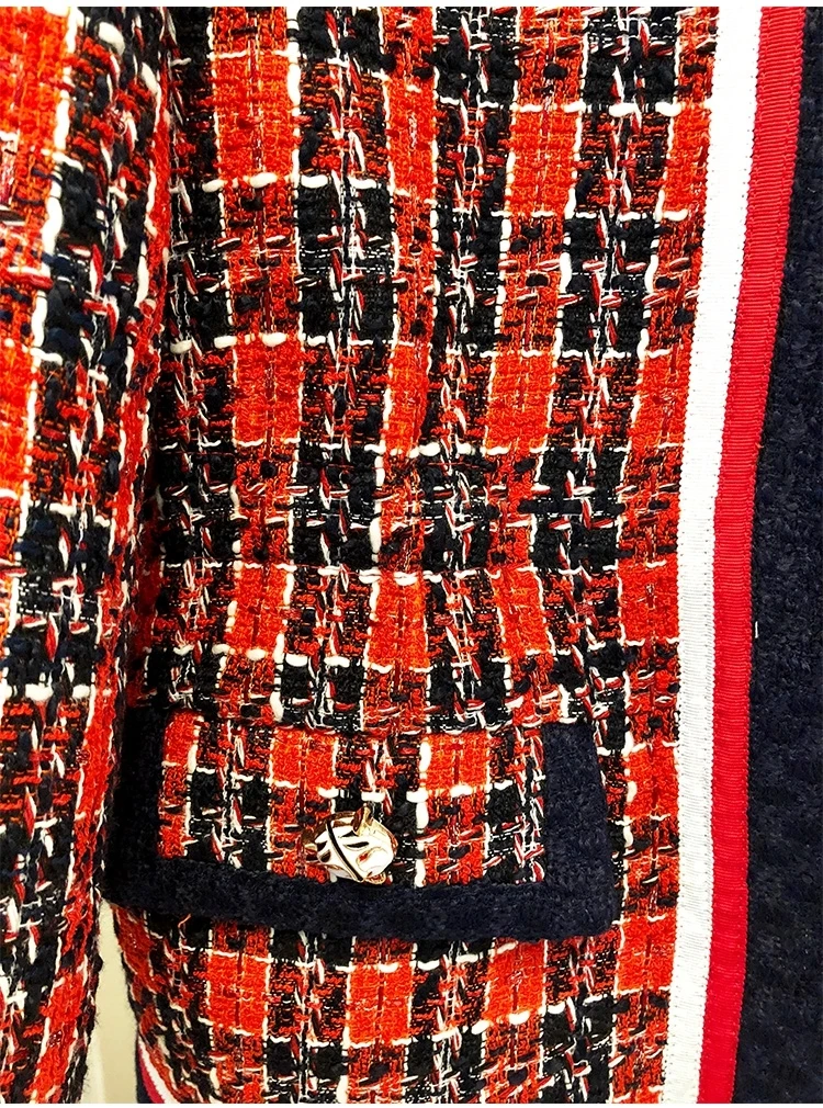 classic new round neck tweed color matching lattice versatile slim jacket
