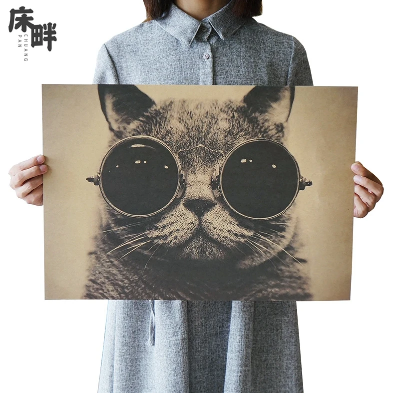 

Movie Retro Posters cute cat with sunglasses Vintage Paper Poster Wall Painting Home Decoration 51.5*36cm