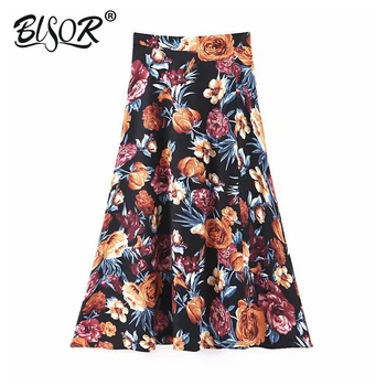 

Women vogue floral pattern midi skirt elastic high waist split female 2019 autumn casual skirts mujer
