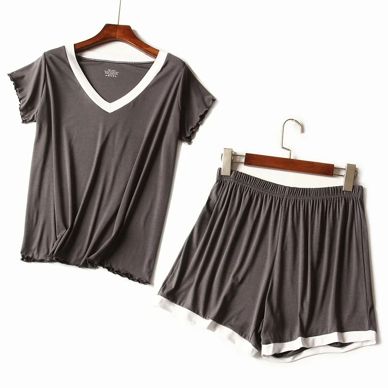 Sanderala Women V-Neck Short Pajamas Sets Top Pants All Match Comfortable Pink Sleepwear Solid Short Full Length Pj Set