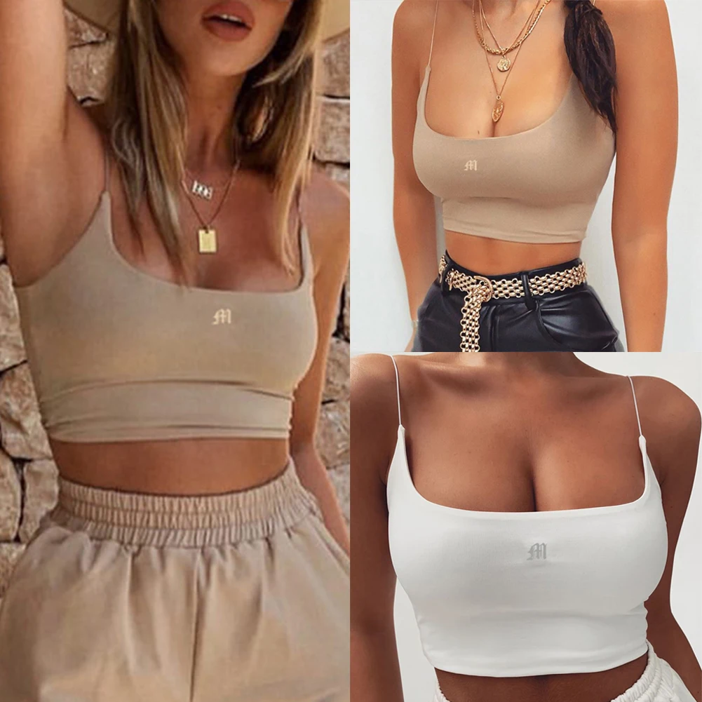 Womens Letter Embroidery Straps Camis Tanks Tops Sleeveless Cotton Bustier Unpadded Bandeau Vest Crop Top Seamless Tees