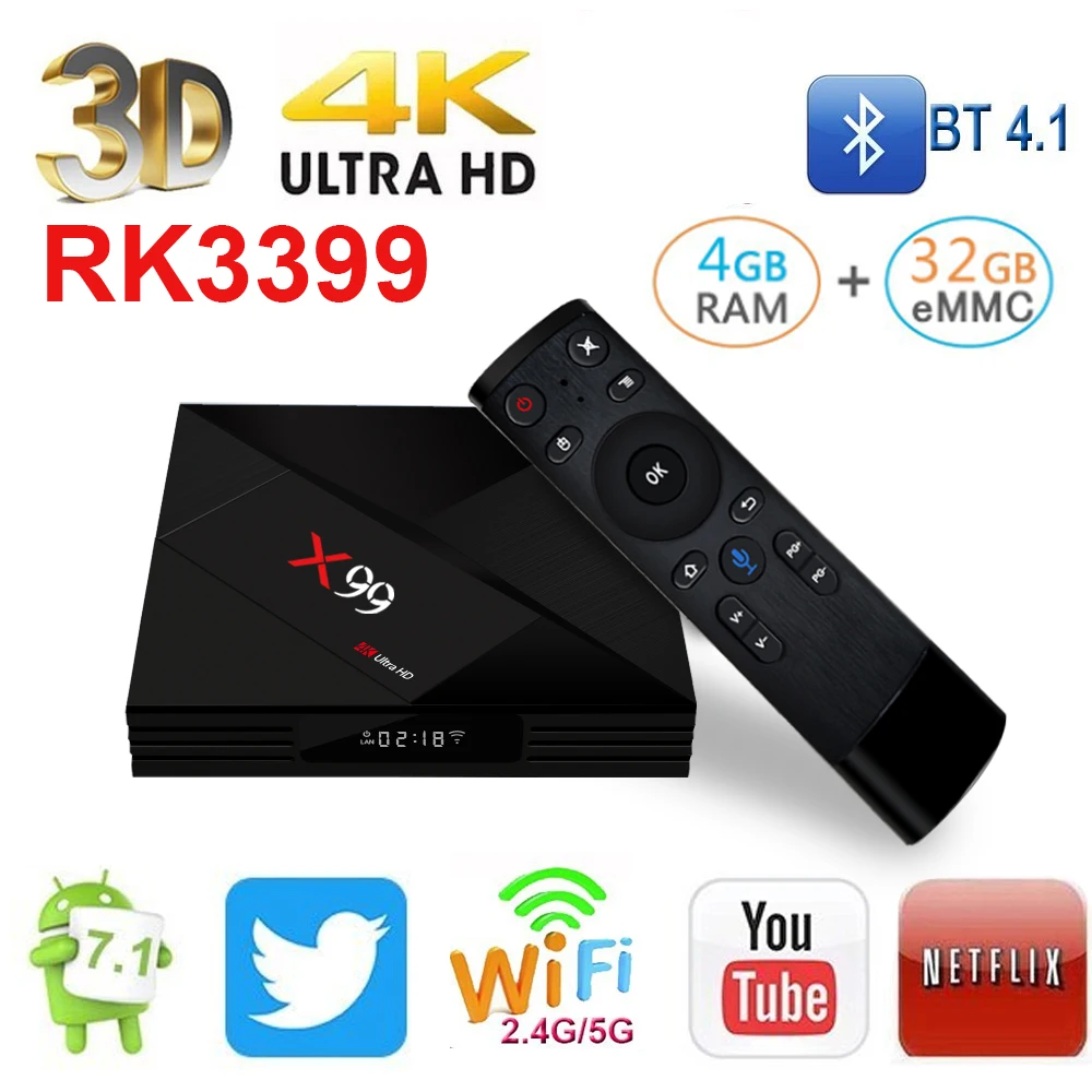 

X99 Android 7.1 TV BOX RK3399 4GB RAM 64GB ROM With Voice Remote 5G WiFi Super 4K OTT HD2.0 Smart TV BOX Set TOP BOX