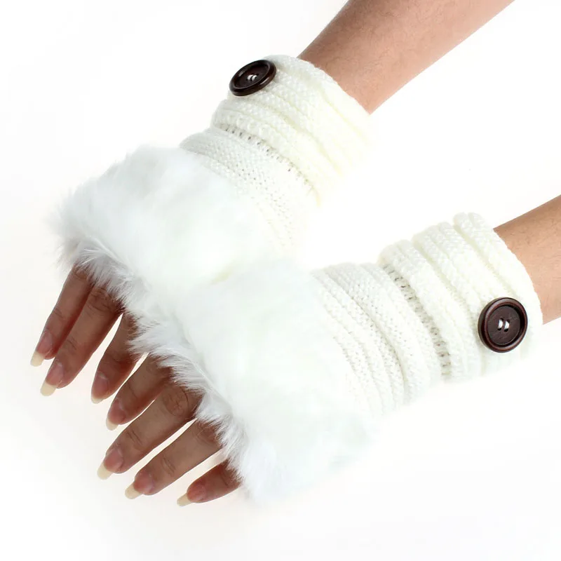 Женские перчатки без пальцев, варежки, Осень-зима, теплые, искусственный мех кролика, модные перчатки без пальцев, вязаные# O