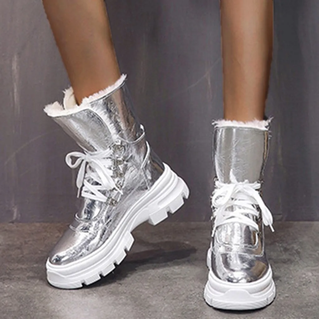 Зимние ботинки с рифленой шнуровкой; женская обувь; ботинки до середины икры с плюшевой подкладкой; женские зимние ботинки, увеличивающие рост; botas Mujer