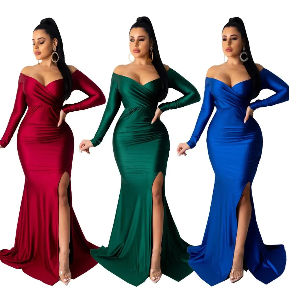 2020 Spring Elegant Women Maxi Mermaid Evening Gown Wrap V Neck Off Shoulder Long Sleeve High Slit Party Autumn Dresses | Женская одежда