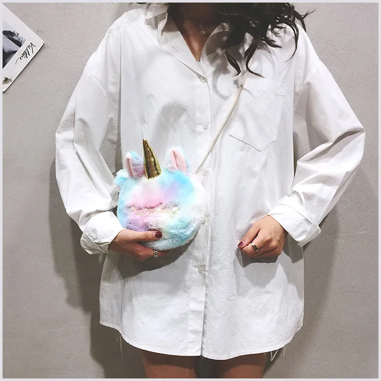Good quality fashion Unicorn Horn Kids Girls Plush Shoulder Bag Soft Plush Coin Purse for female handbags