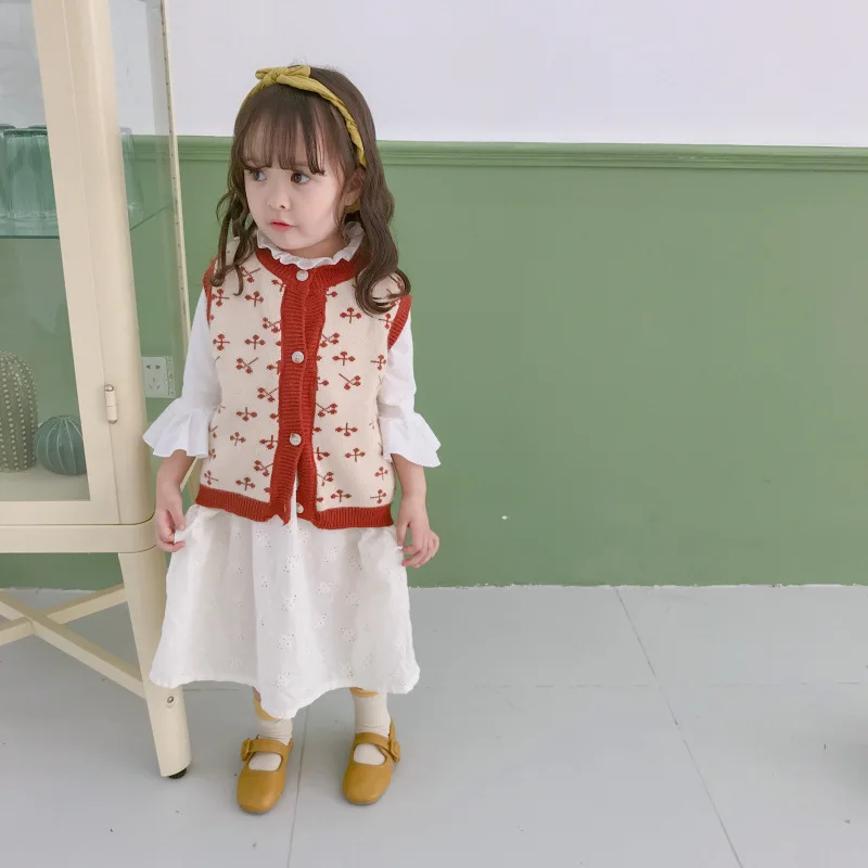 Осенне-зимний жаккардовый свитер для маленьких девочек, жилеты г., Детские однобортные жилеты без рукавов