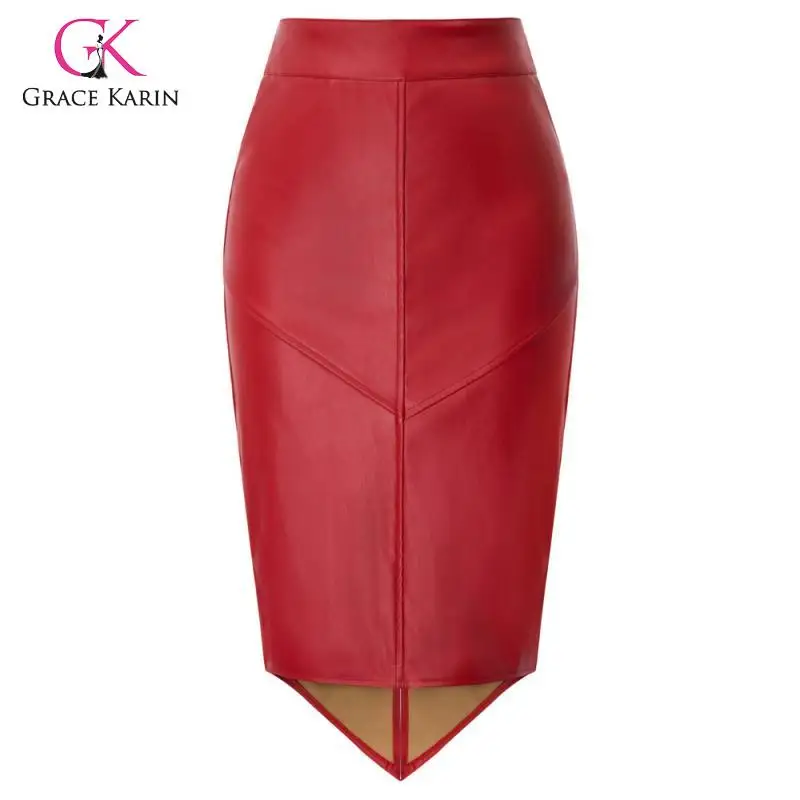 Comprare Grazia Karin Donne di Cuoio DELL UNITÀ di elaborazione Della Matita del Pannello Esterno Rosso Nero Del Cuoio Del Faux Asimmetrico Gonne Ufficio Della Signora di Lunghezza Del Ginocchio Aderente Midi pannello esterno