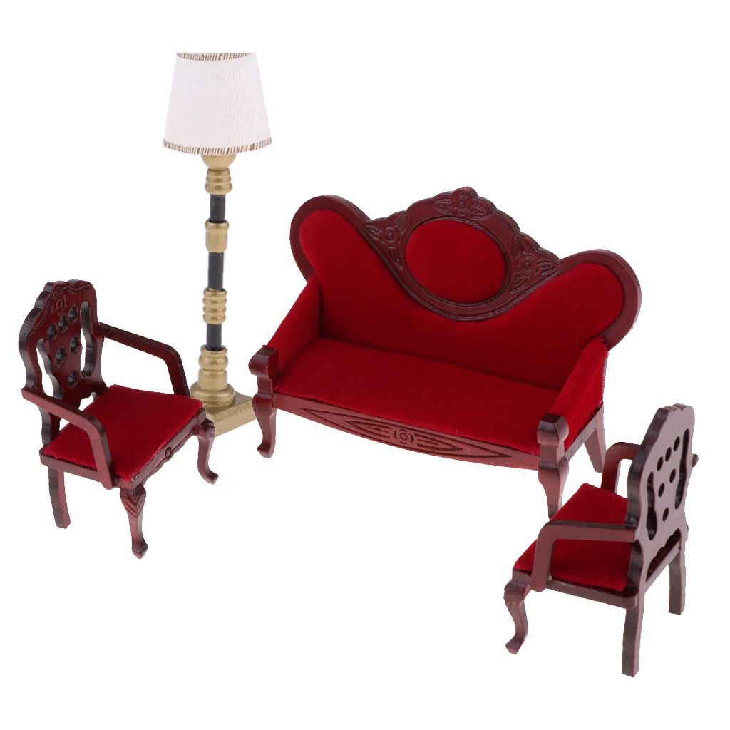 1/12 Dollhouse Miniature Furniture Sofa Couch Chair & Floor Lamp Light Decoration Accessories Model Toy