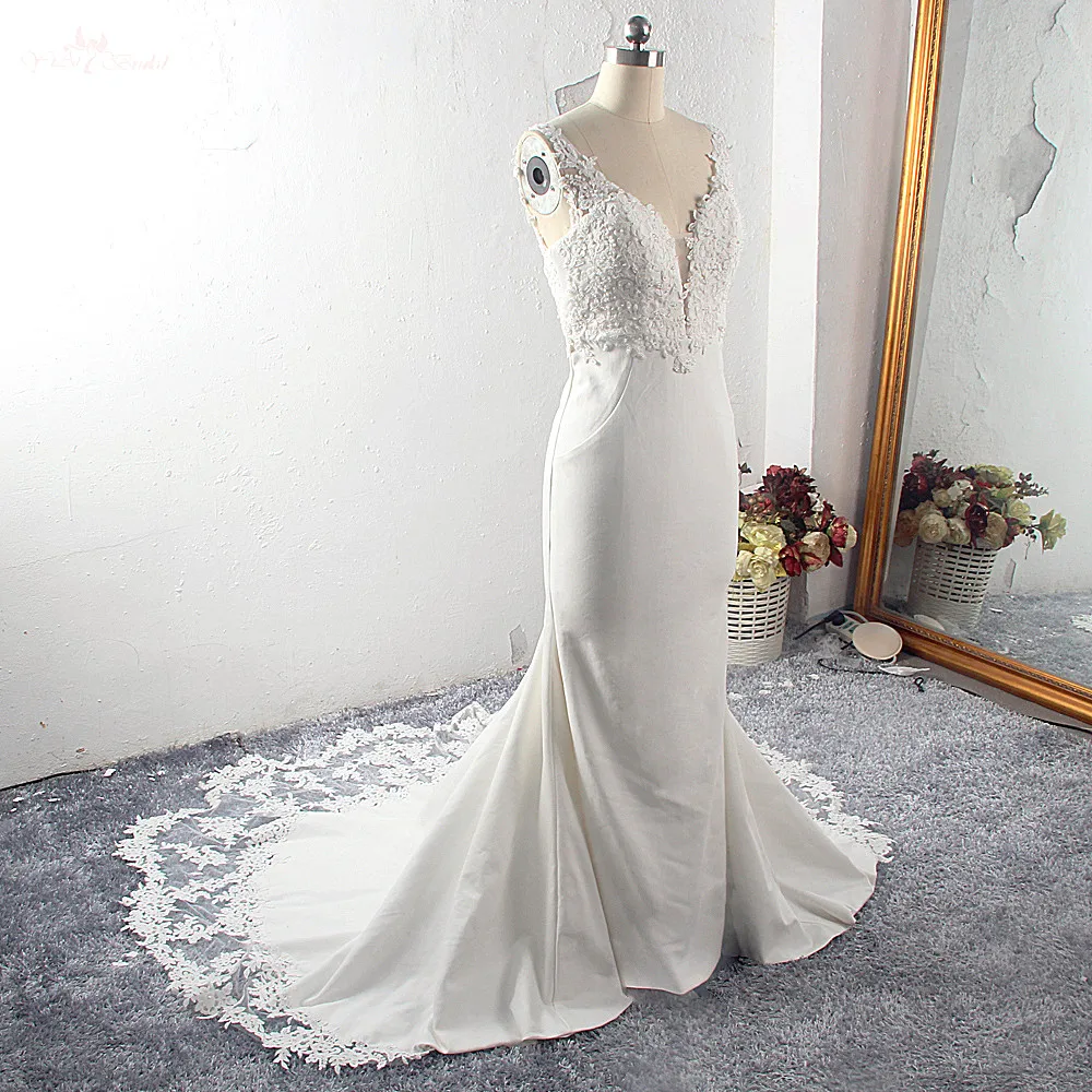 RSW1591 Vestido De Noiva эластичные атласные кружевные свадебные платья русалки без рукавов с вырезами и шлейфом