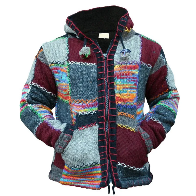 Cárdigan Vintage con capucha para hombre, chaqueta, Otoño, retales de punto, estilo étnico, prendas de vestir sudaderas de parches, Tops