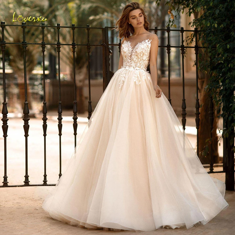 

Loverxu Illusion Scoop Ball Gown Wedding Dresses 2019 Appliques Beading Cap Sleeve Bride Dresses Flowers Court Train Bridal Gown